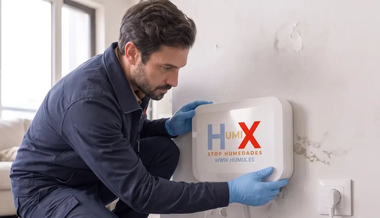 Técnico de HUMIX instalando el equipo de diagnóstico de humedad por capilaridad en una vivienda de La Laguna