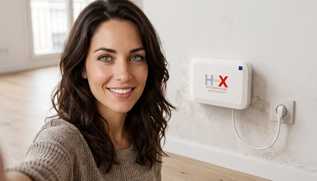 Vecina de La Laguna junto al equipo HUMIX instalado en una pared con humedad por capilaridad