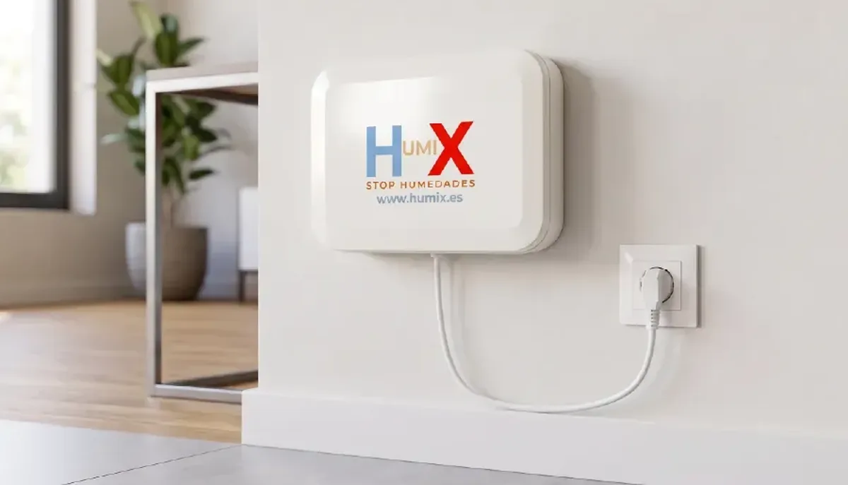 Equipo Sistema HUMIX instalado en pared para tratamiento electrofísico de humedad por capilaridad